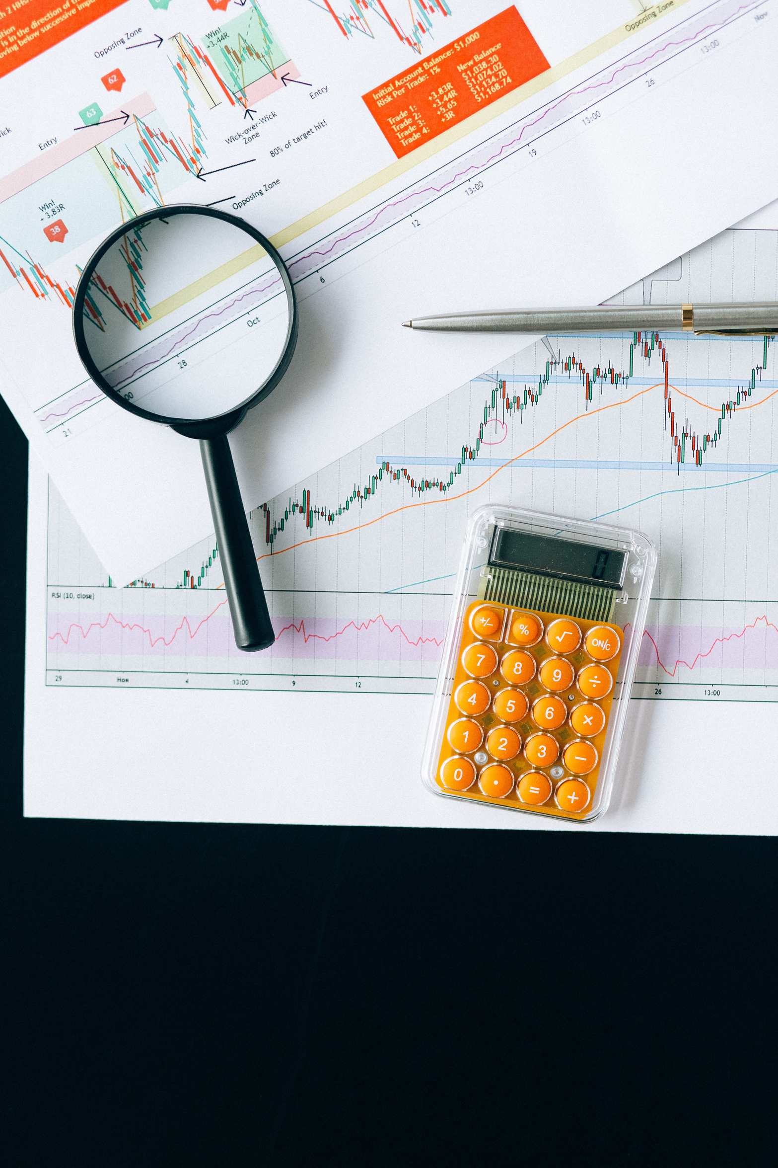 Nahaufnahme von Finanzunterlagen mit Diagrammen und Taschenrechner